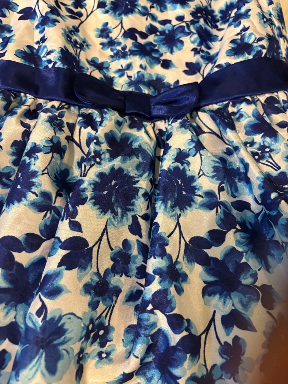 George Blue and White Floral Satin Bow Party Dress